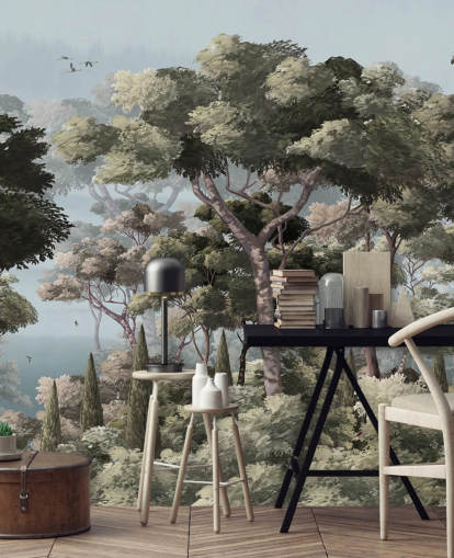 blå och grön skog tapetväggmålning som heter Vintage Forest Landscape Blue på Wallsauce för sovrum och vardagsrum blå och grön skog tapetväggmålning som heter Vintage Forest Landscape Blue på Wallsauce för sovrum och vardagsrum