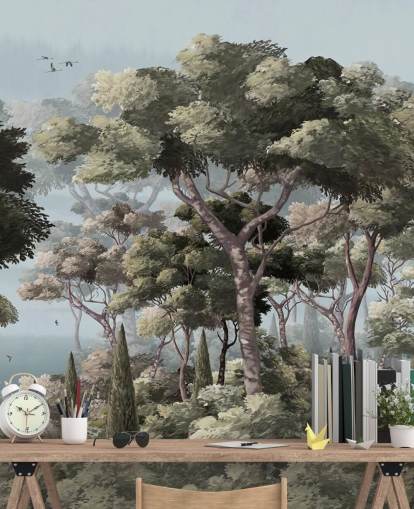 blauwe en groene bosbehangmuurschildering genaamd Vintage Forest Landscape Blue at Wallsauce voor slaapkamers en woonkamers