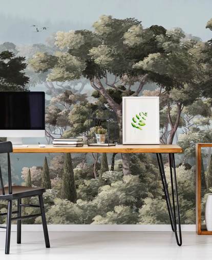 blue and green forest wallpaper mural called Vintage Forest Landscape Blue at Wallsauce for bedrooms and living rooms