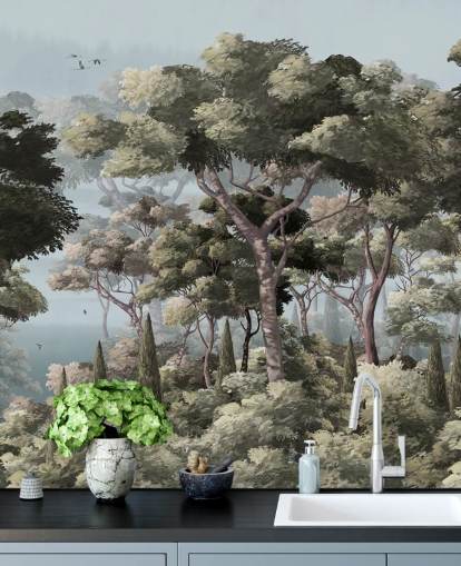 blue and green forest wallpaper mural called Vintage Forest Landscape Blue at Wallsauce for bedrooms and living rooms blue and green forest wallpaper mural called Vintage Forest Landscape Blue at Wallsauce for bedrooms and living rooms