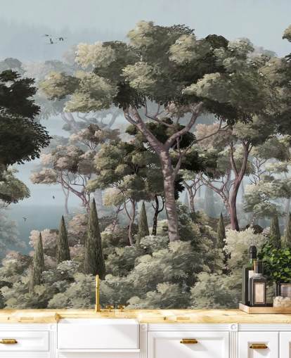 blaues und grünes Waldtapeten-Wandbild namens Vintage Forest Landscape Blue in Wallsauce für Schlafzimmer und Wohnzimmer