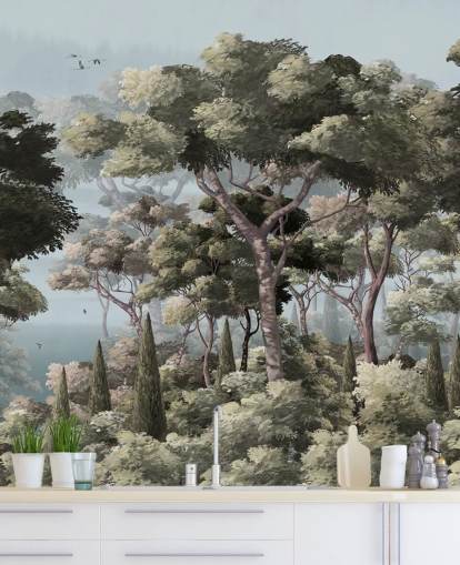 sininen ja vihreä metsätaustakuvamaalaus nimeltä Vintage Forest Landscape Blue Wallsaucessa makuuhuoneisiin ja olohuoneisiin