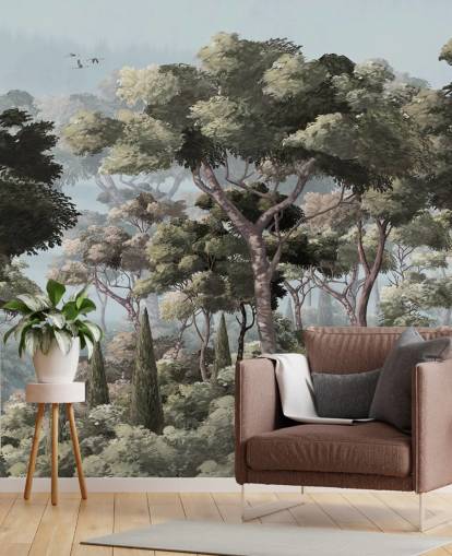 blaues und grünes Waldtapeten-Wandbild namens Vintage Forest Landscape Blue in Wallsauce für Schlafzimmer und Wohnzimmer