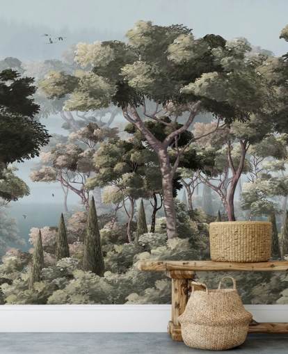 blauwe en groene bosbehangmuurschildering genaamd Vintage Forest Landscape Blue at Wallsauce voor slaapkamers en woonkamers