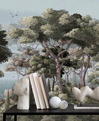 blue and green forest wallpaper mural called Vintage Forest Landscape Blue at Wallsauce for bedrooms and living rooms