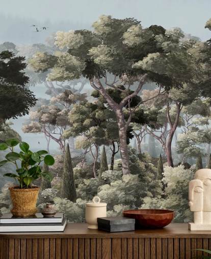 blaues und grünes Waldtapeten-Wandbild namens Vintage Forest Landscape Blue in Wallsauce für Schlafzimmer und Wohnzimmer blaues und grünes Waldtapeten-Wandbild namens Vintage Forest Landscape Blue in Wallsauce für Schlafzimmer und Wohnzimmer