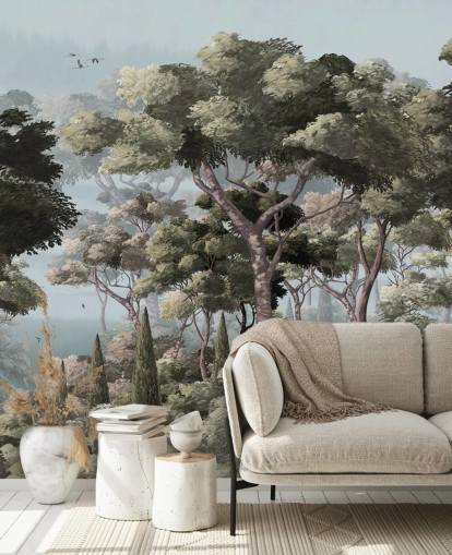 blue and green forest wallpaper mural called Vintage Forest Landscape Blue at Wallsauce for bedrooms and living rooms