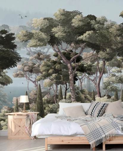 blaues und grünes Waldtapeten-Wandbild namens Vintage Forest Landscape Blue in Wallsauce für Schlafzimmer und Wohnzimmer