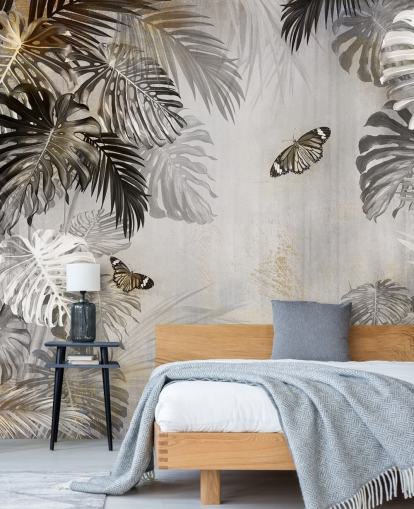 grey jungle wallpaper mural called Butterflies in the Palm Trees at Wallsauce for bathrooms, kitchens and hallways