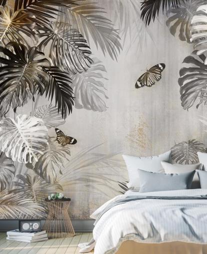 mural gris de la jungla llamado Mariposas en las palmeras de Wallsauce para baños, cocinas y pasillos