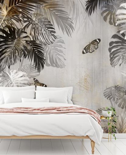 mural de papel de parede cinza da selva chamado Butterflies in the Palm Trees at Wallsauce para banheiros, cozinhas e corredores