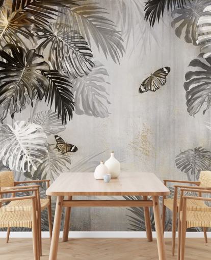 carta da parati murale grigia con giungla chiamata Butterflies in the Palm Trees at Wallsauce per bagni, cucine e corridoi carta da parati murale grigia con giungla chiamata Butterflies in the Palm Trees at Wallsauce per bagni, cucine e corridoi