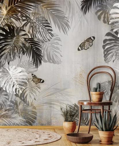 grey jungle wallpaper mural called Butterflies in the Palm Trees at Wallsauce for bathrooms, kitchens and hallways