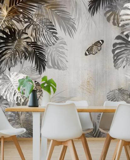 gray jungle wallpaper mural called Butterflies in the Palm Trees at Wallsauce for bathrooms, kitchens and hallways