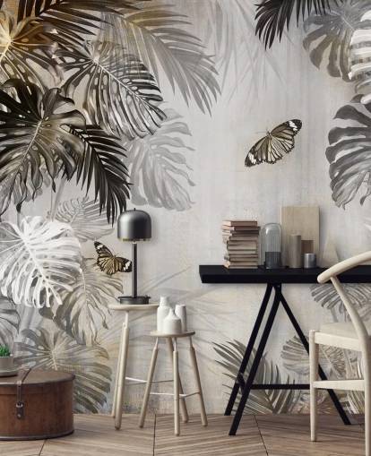 grått jungel tapetmaleri kalt Butterflies in the Palm Trees på Wallsauce for bad, kjøkken og ganger