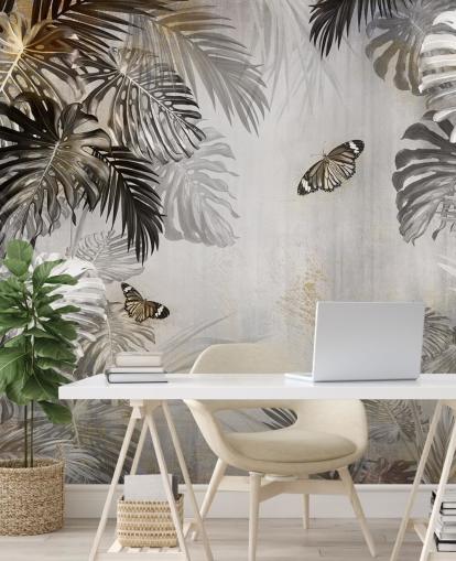grijze jungle muurschildering genaamd Butterflies in the Palm Trees at Wallsauce voor badkamers, keukens en gangen grijze jungle muurschildering genaamd Butterflies in the Palm Trees at Wallsauce voor badkamers, keukens en gangen