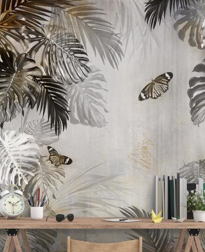 mural de papel de parede cinza da selva chamado Butterflies in the Palm Trees at Wallsauce para banheiros, cozinhas e corredores