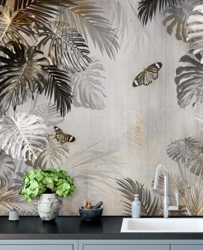 papier peint mural de la jungle grise intitulé Butterflies in the Palm Trees at Wallsauce pour les salles de bains, les cuisines et les couloirs
