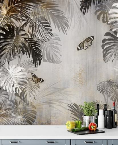 grått jungel tapetmaleri kalt Butterflies in the Palm Trees på Wallsauce for bad, kjøkken og ganger