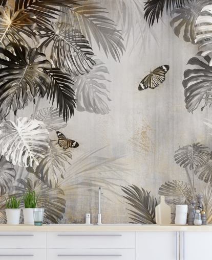 grå jungle tapetmaleri kaldet Sommerfugle i palmerne på Wallsauce til badeværelser, køkkener og gange