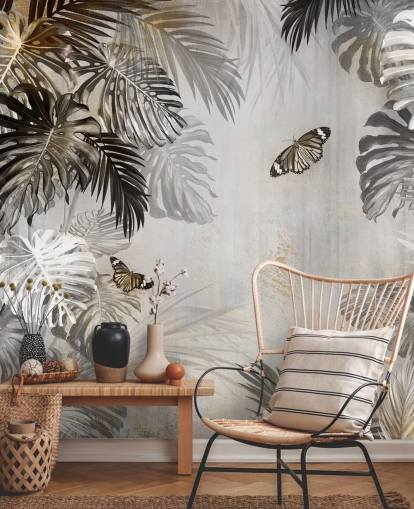 grått jungel tapetmaleri kalt Butterflies in the Palm Trees på Wallsauce for bad, kjøkken og ganger grått jungel tapetmaleri kalt Butterflies in the Palm Trees på Wallsauce for bad, kjøkken og ganger