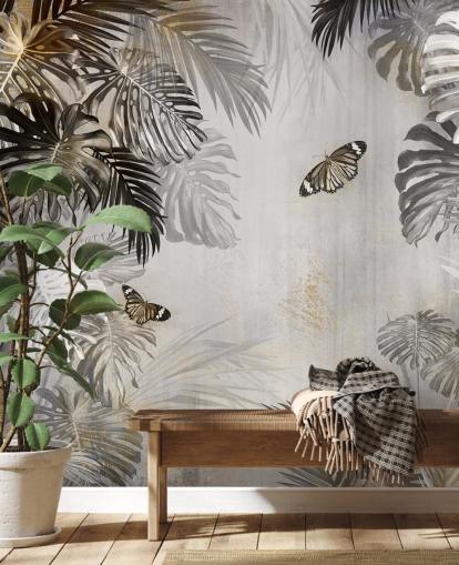 grey jungle wallpaper mural called Butterflies in the Palm Trees at Wallsauce for bathrooms, kitchens and hallways