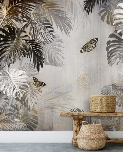 mural de papel de parede cinza da selva chamado Butterflies in the Palm Trees at Wallsauce para banheiros, cozinhas e corredores