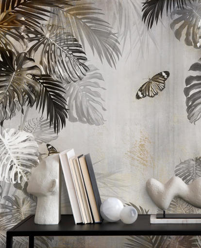 mural gris de la jungla llamado Mariposas en las palmeras de Wallsauce para baños, cocinas y pasillos