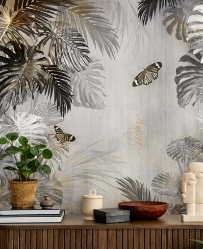 Graue Dschungel-Tapete mit dem Titel Schmetterlinge in den Palmen von Wallsauce für Badezimmer, Küchen und Flure