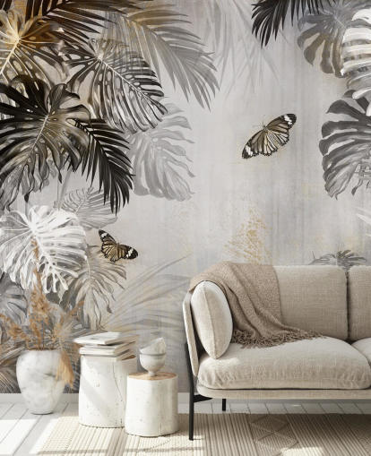 gray jungle wallpaper mural called Butterflies in the Palm Trees at Wallsauce for bathrooms, kitchens and hallways