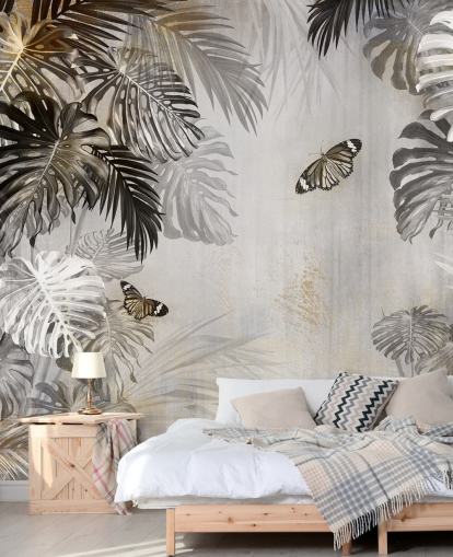 Graue Dschungel-Tapete mit dem Titel Schmetterlinge in den Palmen von Wallsauce für Badezimmer, Küchen und Flure Graue Dschungel-Tapete mit dem Titel Schmetterlinge in den Palmen von Wallsauce für Badezimmer, Küchen und Flure