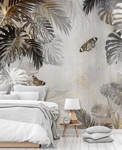gray jungle wallpaper mural called Butterflies in the Palm Trees at Wallsauce for bathrooms, kitchens and hallways