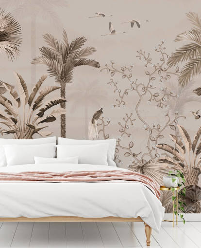 Chinoiseries-Tapetenwandbild mit dem Titel Chinoiserie Tropical Forest in Wallsauce
