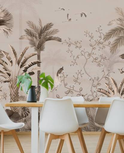 Chinoiseries-Tapetenwandbild mit dem Titel Chinoiserie Tropical Forest in Wallsauce