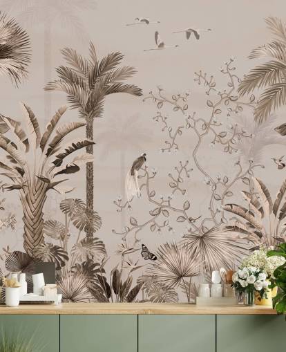 Chinoiseries-Tapetenwandbild mit dem Titel Chinoiserie Tropical Forest in Wallsauce
