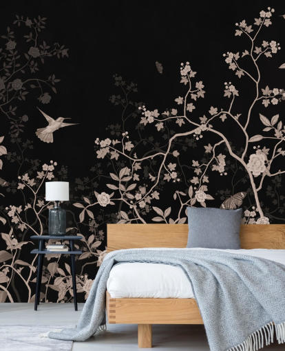 donker junglebehang genaamd Dark Birds and Butterflies at Wallsauce voor slaapkamers, woonkamers en badkamers