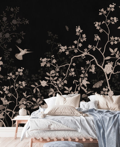 mørkt jungle tapet kaldet Dark Birds and Butterflies på Wallsauce til soveværelser, stuer og badeværelser mørkt jungle tapet kaldet Dark Birds and Butterflies på Wallsauce til soveværelser, stuer og badeværelser