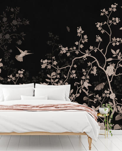 dunkle Dschungeltapete namens Dark Birds and Butterflies at Wallsauce für Schlafzimmer, Wohnzimmer und Badezimmer dunkle Dschungeltapete namens Dark Birds and Butterflies at Wallsauce für Schlafzimmer, Wohnzimmer und Badezimmer