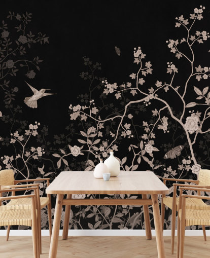 dunkle Dschungeltapete namens Dark Birds and Butterflies at Wallsauce für Schlafzimmer, Wohnzimmer und Badezimmer