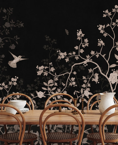 dunkle Dschungeltapete namens Dark Birds and Butterflies at Wallsauce für Schlafzimmer, Wohnzimmer und Badezimmer