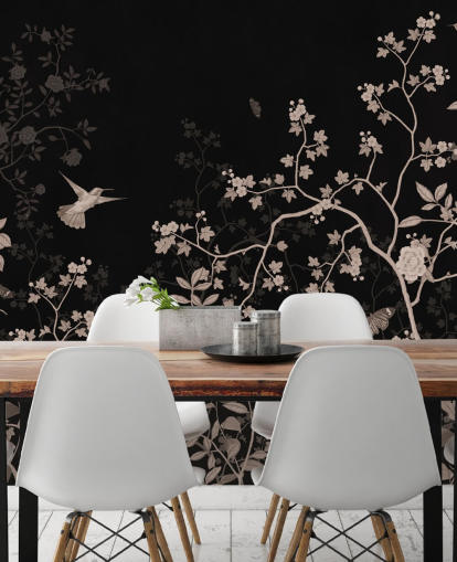 carta da parati della giungla scura chiamata Dark Birds and Butterflies a Wallsauce per camere da letto, salotti e bagni