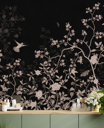 dunkle Dschungeltapete namens Dark Birds and Butterflies at Wallsauce für Schlafzimmer, Wohnzimmer und Badezimmer