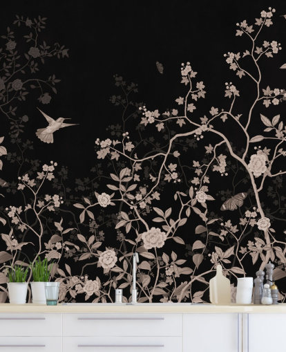 mörk djungel tapet som heter Dark Birds and Butterflies på Wallsauce för sovrum, vardagsrum och badrum