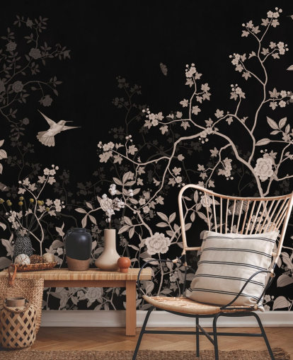 dunkle Dschungeltapete namens Dark Birds and Butterflies at Wallsauce für Schlafzimmer, Wohnzimmer und Badezimmer