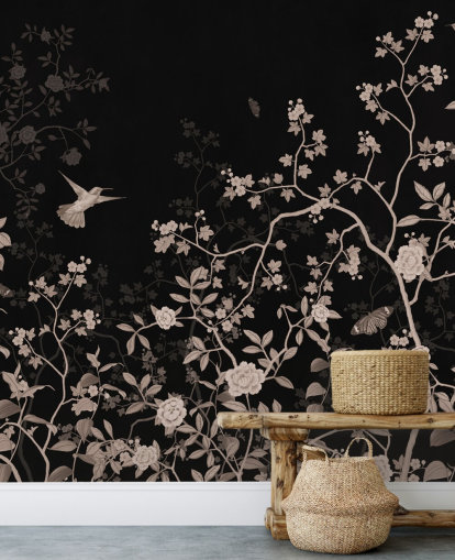 donker junglebehang genaamd Dark Birds and Butterflies at Wallsauce voor slaapkamers, woonkamers en badkamers