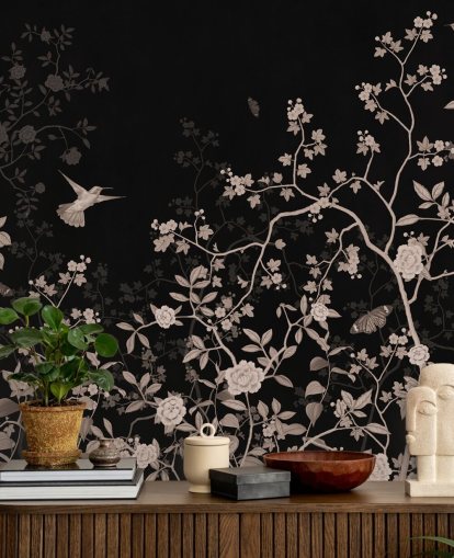 mørkt jungle tapet kaldet Dark Birds and Butterflies på Wallsauce til soveværelser, stuer og badeværelser mørkt jungle tapet kaldet Dark Birds and Butterflies på Wallsauce til soveværelser, stuer og badeværelser