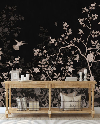 papel de parede de selva escura chamado Dark Birds and Butterflies at Wallsauce para quartos, salas de estar e banheiros