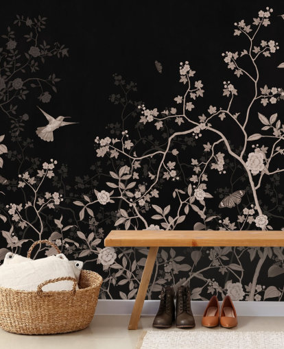 donker junglebehang genaamd Dark Birds and Butterflies at Wallsauce voor slaapkamers, woonkamers en badkamers