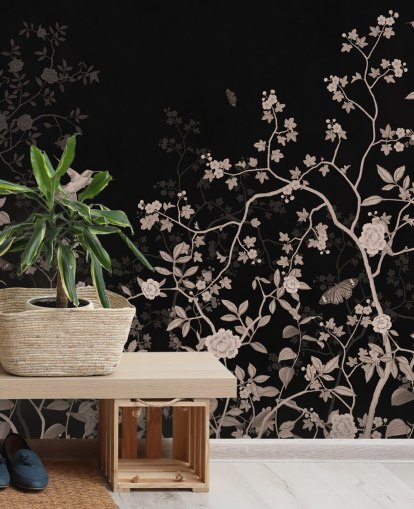 mörk djungel tapet som heter Dark Birds and Butterflies på Wallsauce för sovrum, vardagsrum och badrum