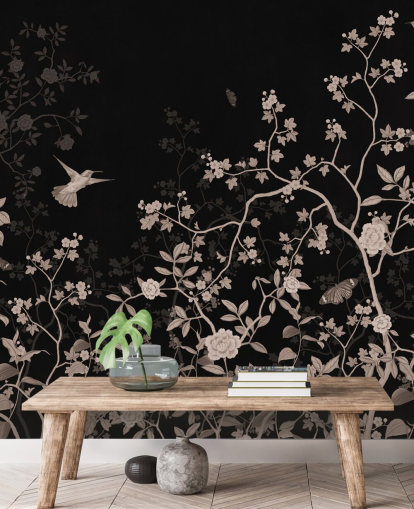papier peint Dark Jungle appelé Dark Birds and Butterflies chez Wallsauce pour les chambres, les salons et les salles de bain